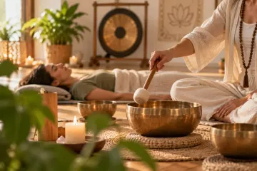 Sesión de spa con cuencos tibetanos, velas y una persona que recibe un baño de sonido sobre una esterilla.