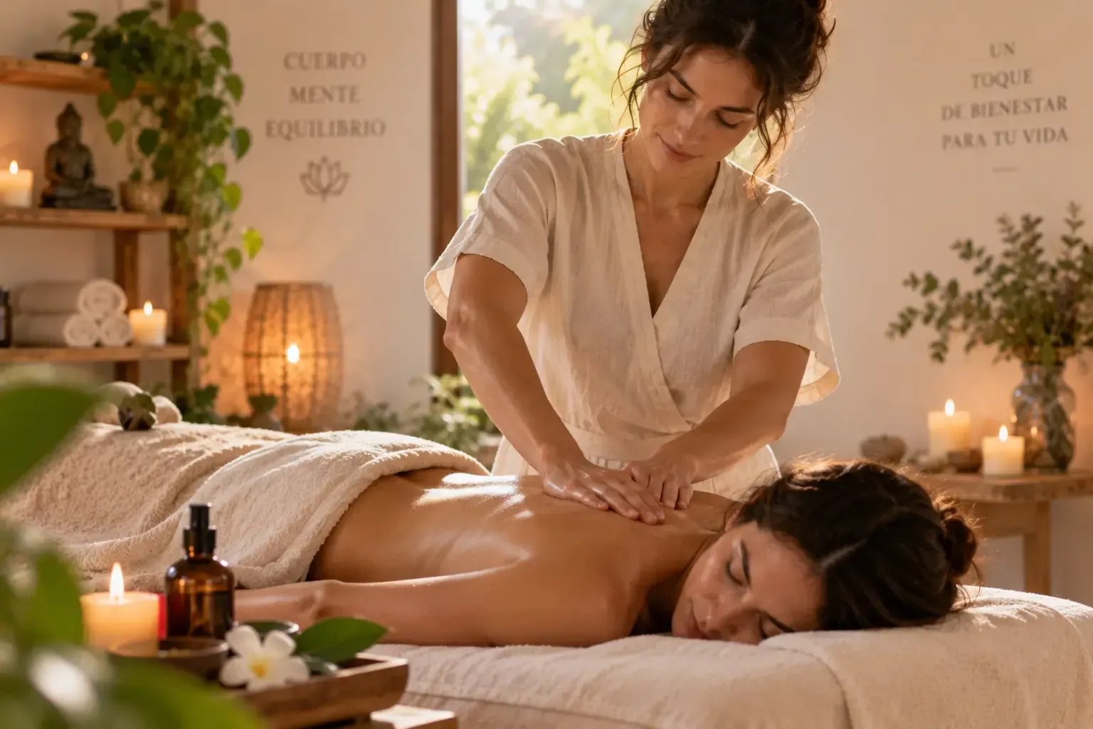 Profesional realizando un masaje de espalda a una persona tumbada en una camilla