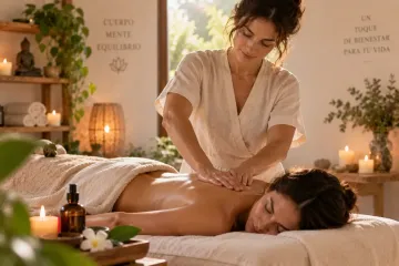 Terapeuta de spa dando un masaje de espalda en una sala de tratamientos cálida e iluminada con velas.