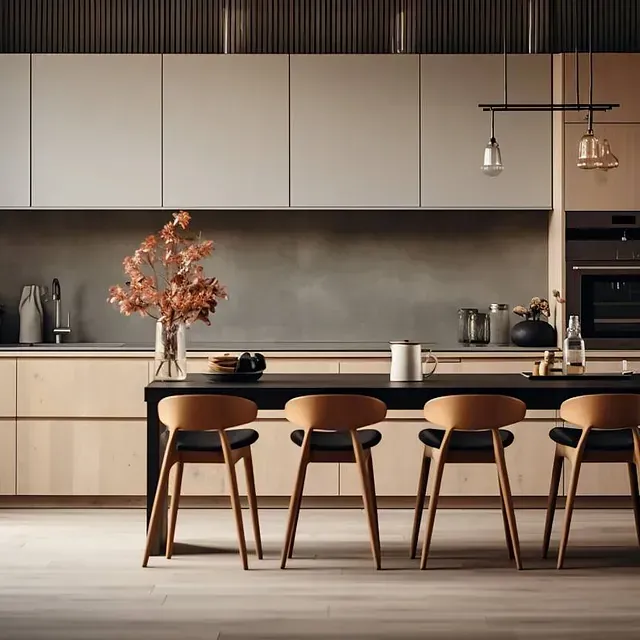 Una cocina con una mesa y sillas y un jarrón de flores en el mostrador.