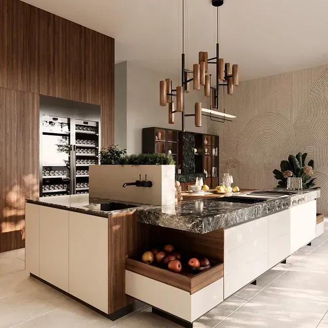 Una cocina con una gran isla en el medio.