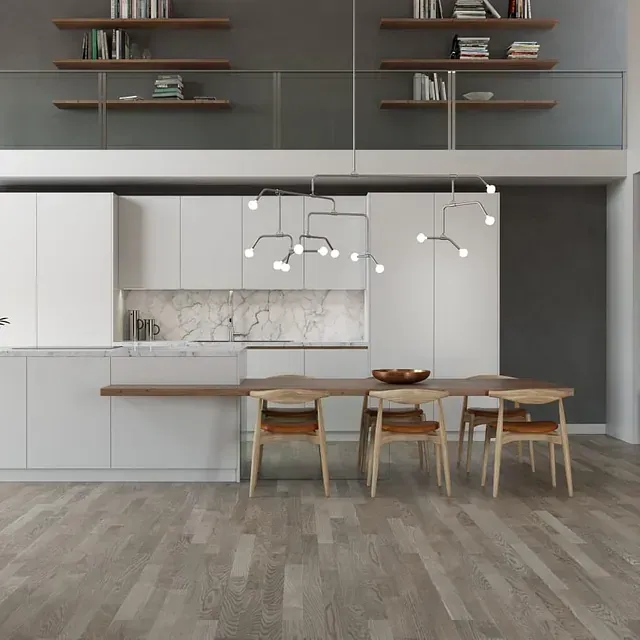 Una cocina con una mesa y sillas.