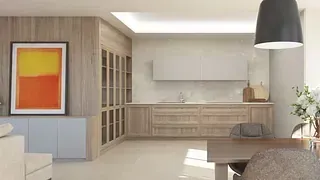 Una sala de estar con una mesa, sillas y un cuadro en la pared.
