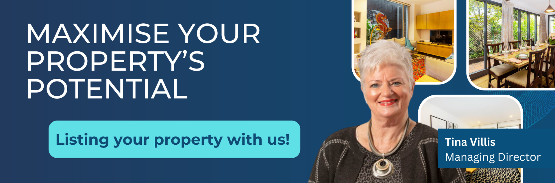 A woman is standing in front of a sign that says maximise your property 's potential.