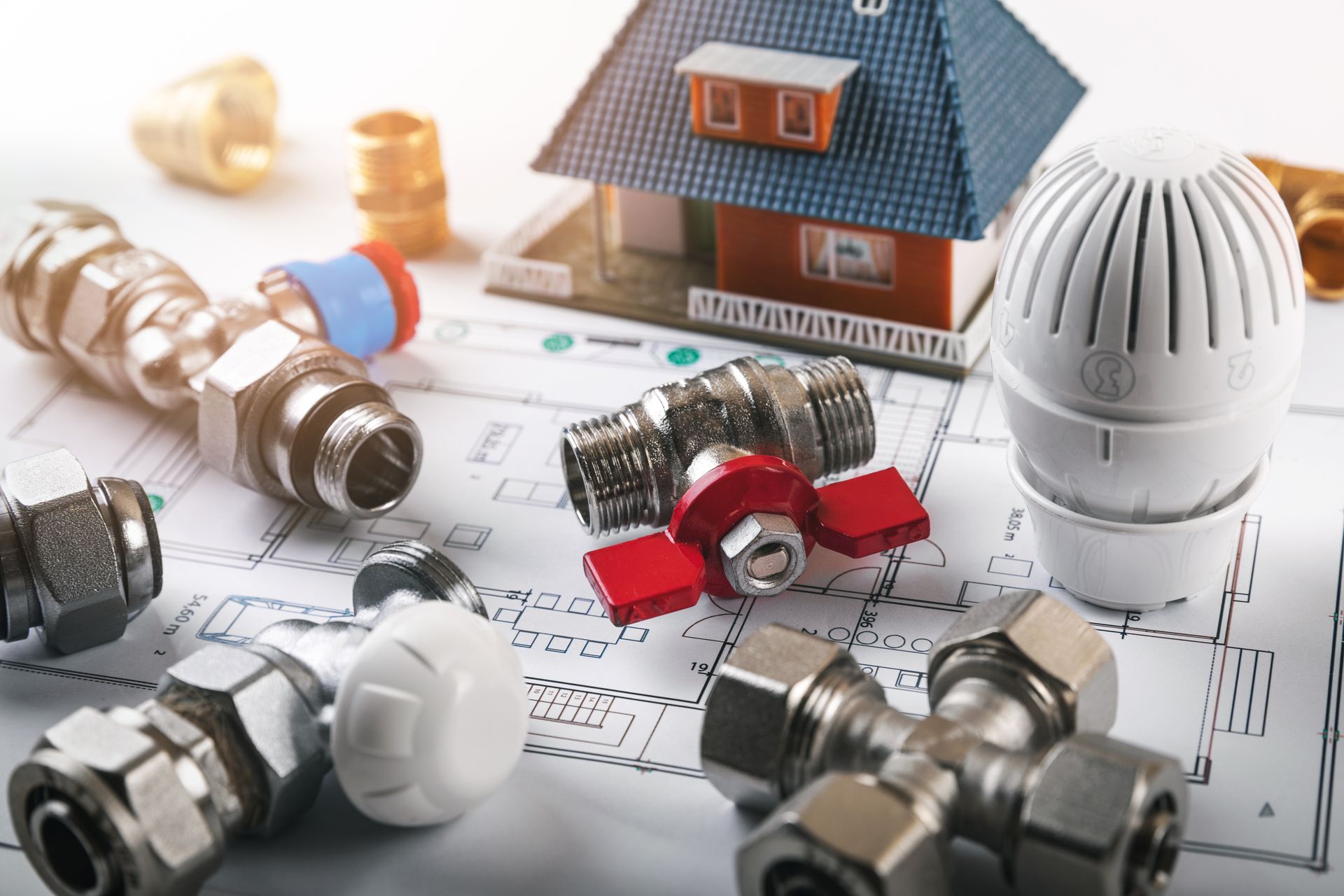 Des éléments de plomberie, des vannes et un thermostat de radiateur sont disposés sur des plans architecturaux de maisons, à côté d'une maison témoin.