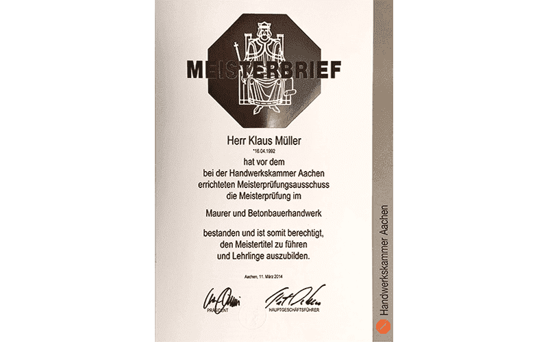 Ein Zertifikat mit der Aufschrift Meisterbrief