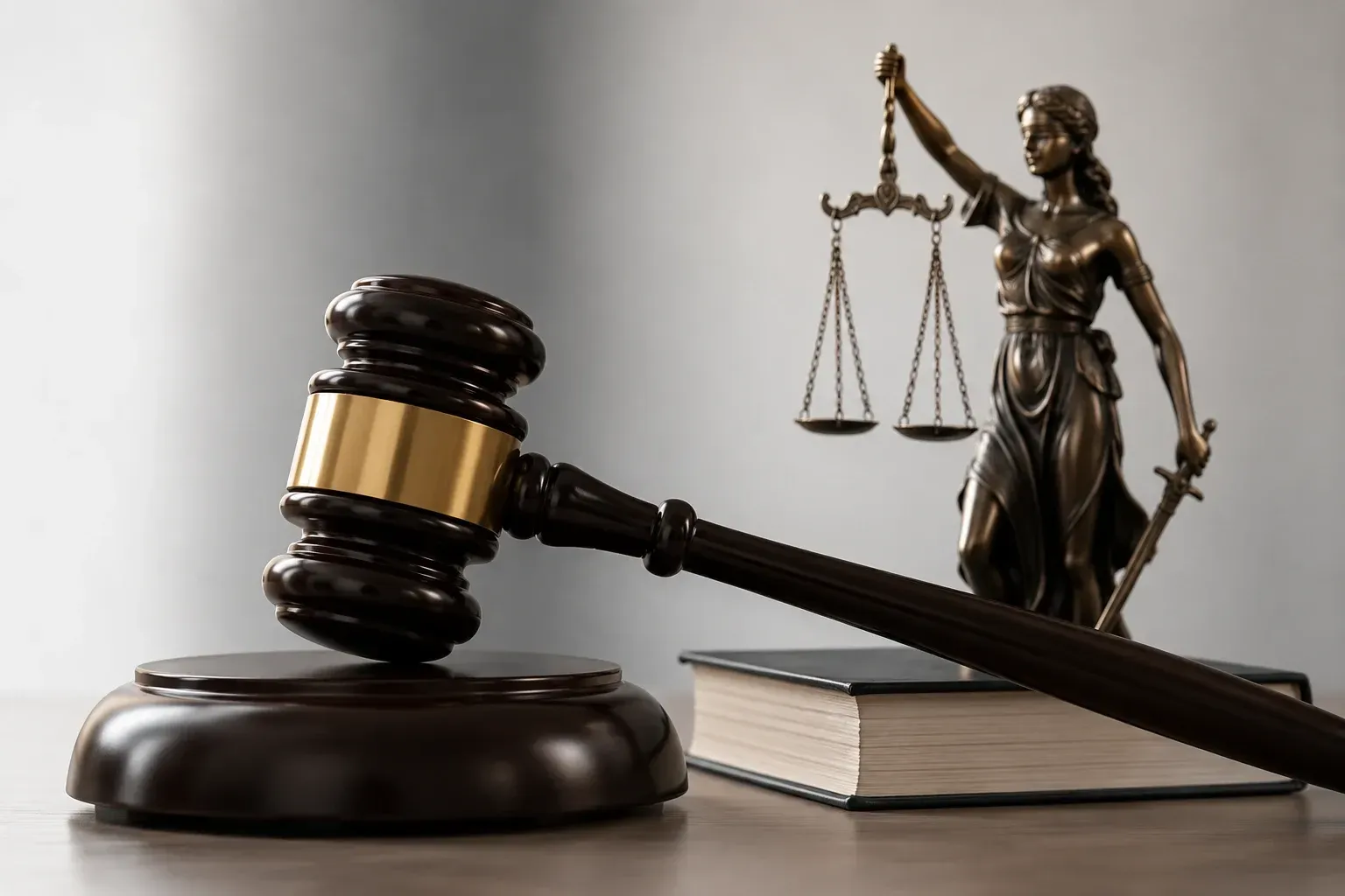 El mazo del juez y la balanza de la justicia junto a una estatua y libros de leyes sobre un escritorio.