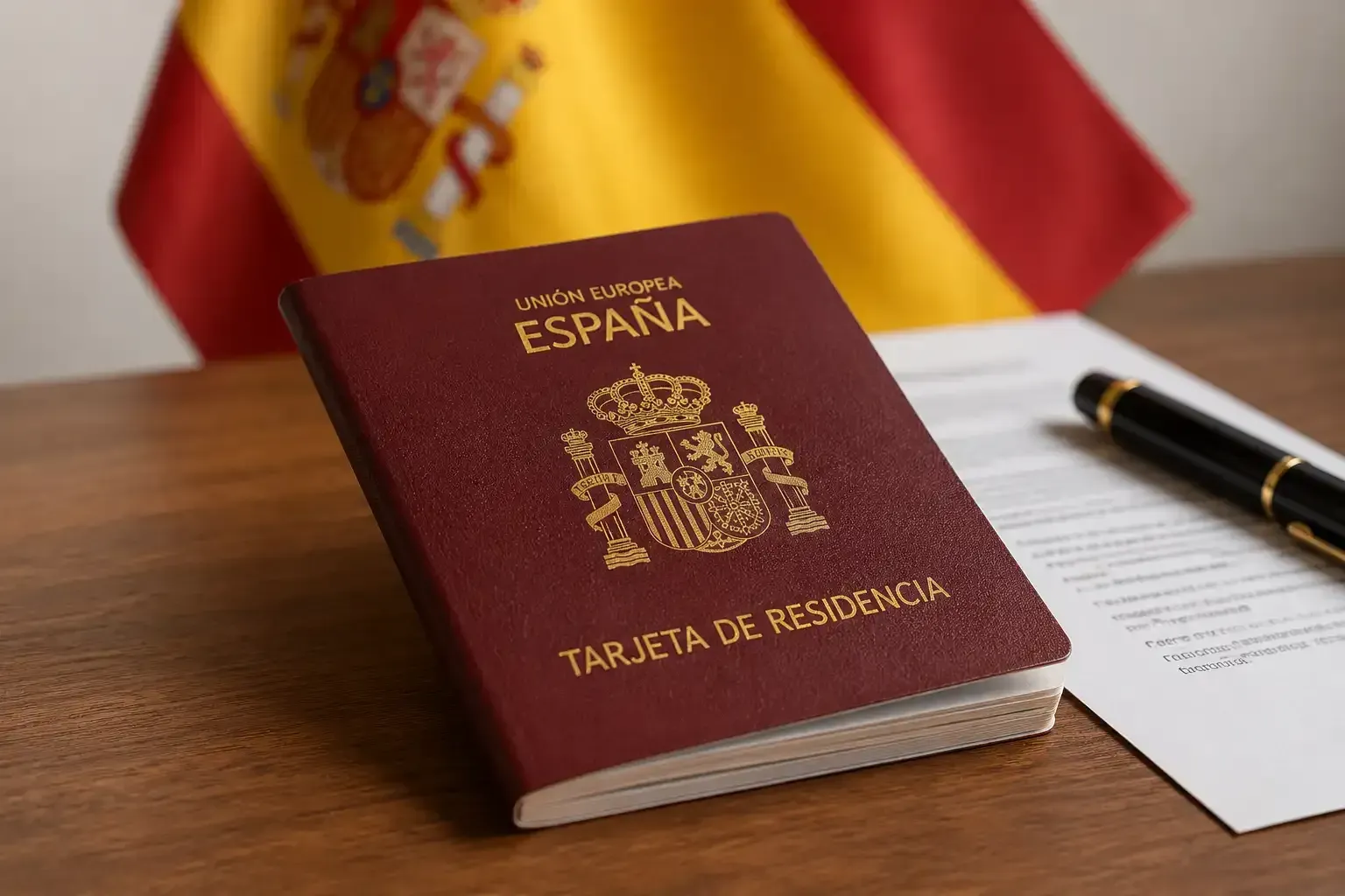 Pasaporte español sobre un escritorio con una bandera española borrosa y un bolígrafo al fondo.