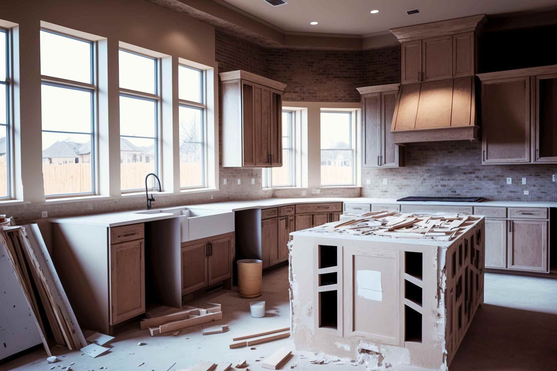 Una cocina en construcción con una gran isla en el medio.