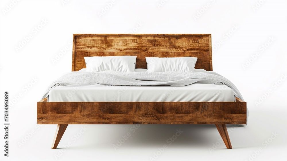 Holzbett mit Kopfteil und Matratze, weissen Kissen und Decke auf weissem Hintergrund.