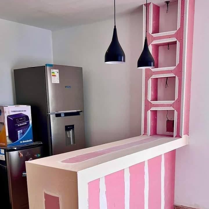 Una cocina con refrigerador de acero inoxidable y una encimera rosa.