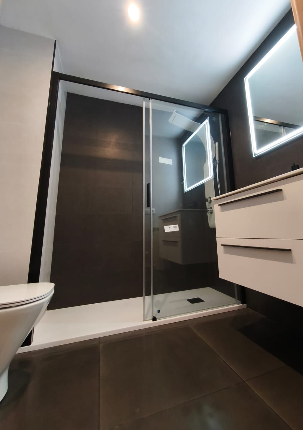 Un baño con inodoro, lavabo y ducha.