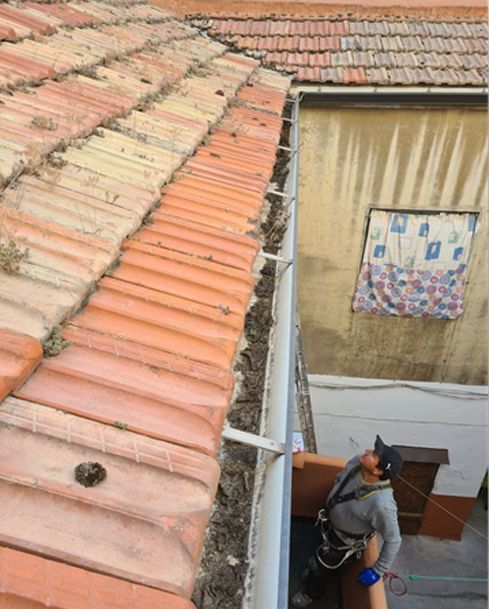 Un trabajador se encuentra en el tejado de un edificio deteriorado, utilizando un arnés y una cuerda cerca de una ventana.