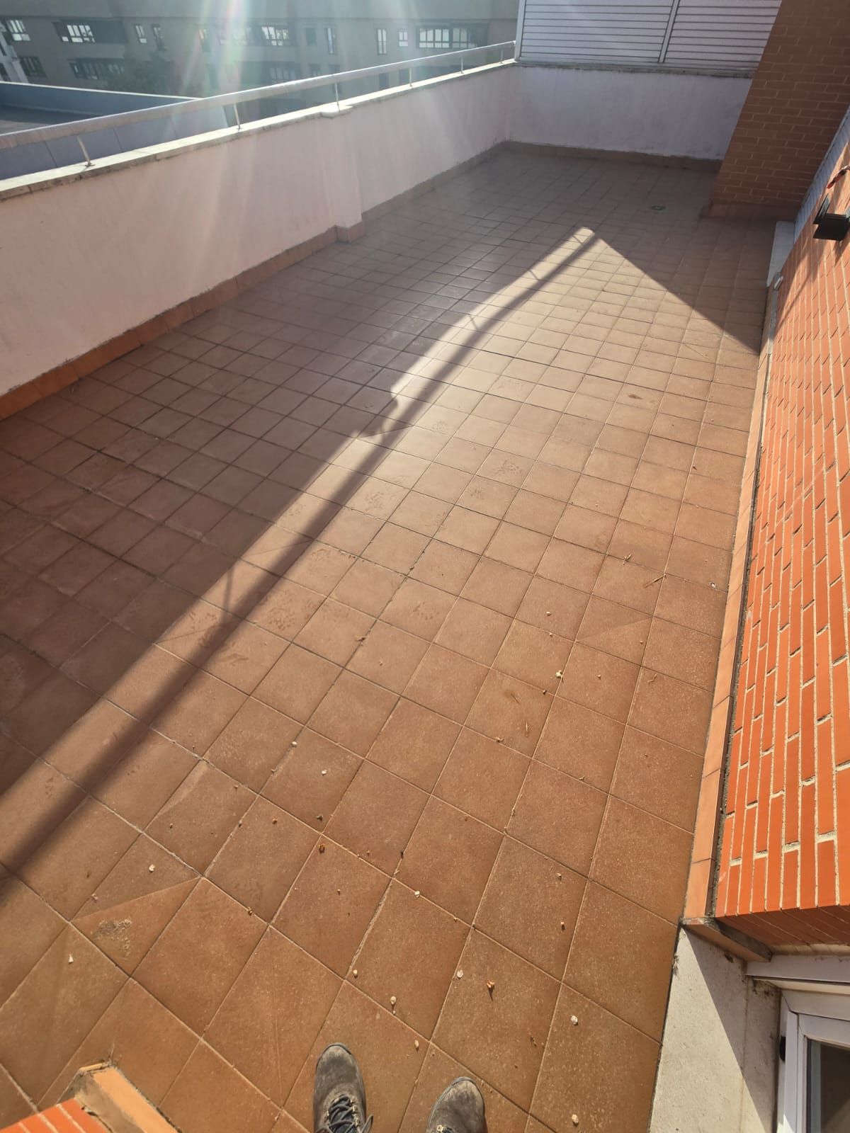 Terraza en la azotea bañada por el sol, con un muro bajo blanco y borde de ladrillo, vista desde arriba.