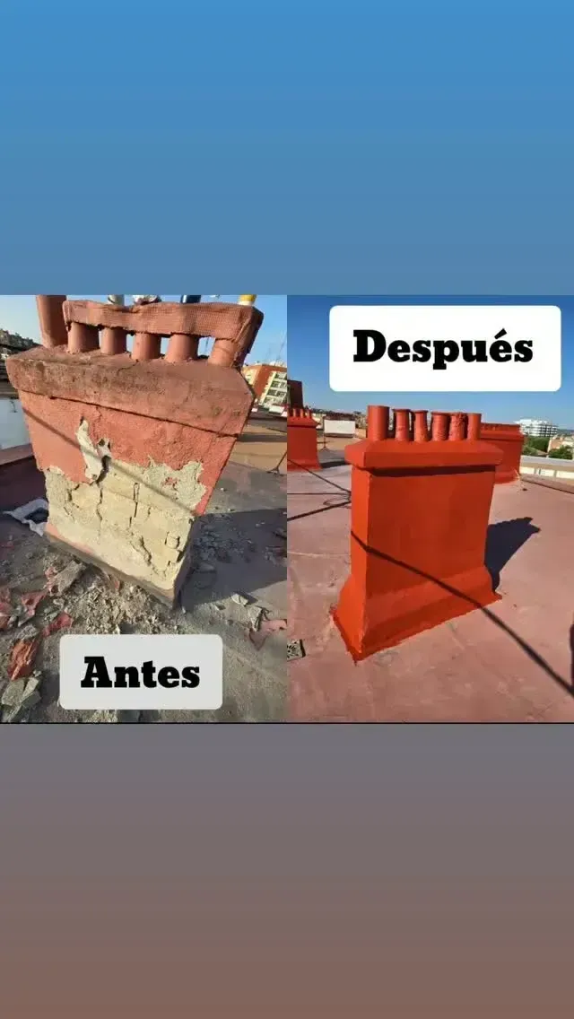 Antes y después de una chimenea/ladrillo roja: restauración de deteriorada a pintada y renovada.