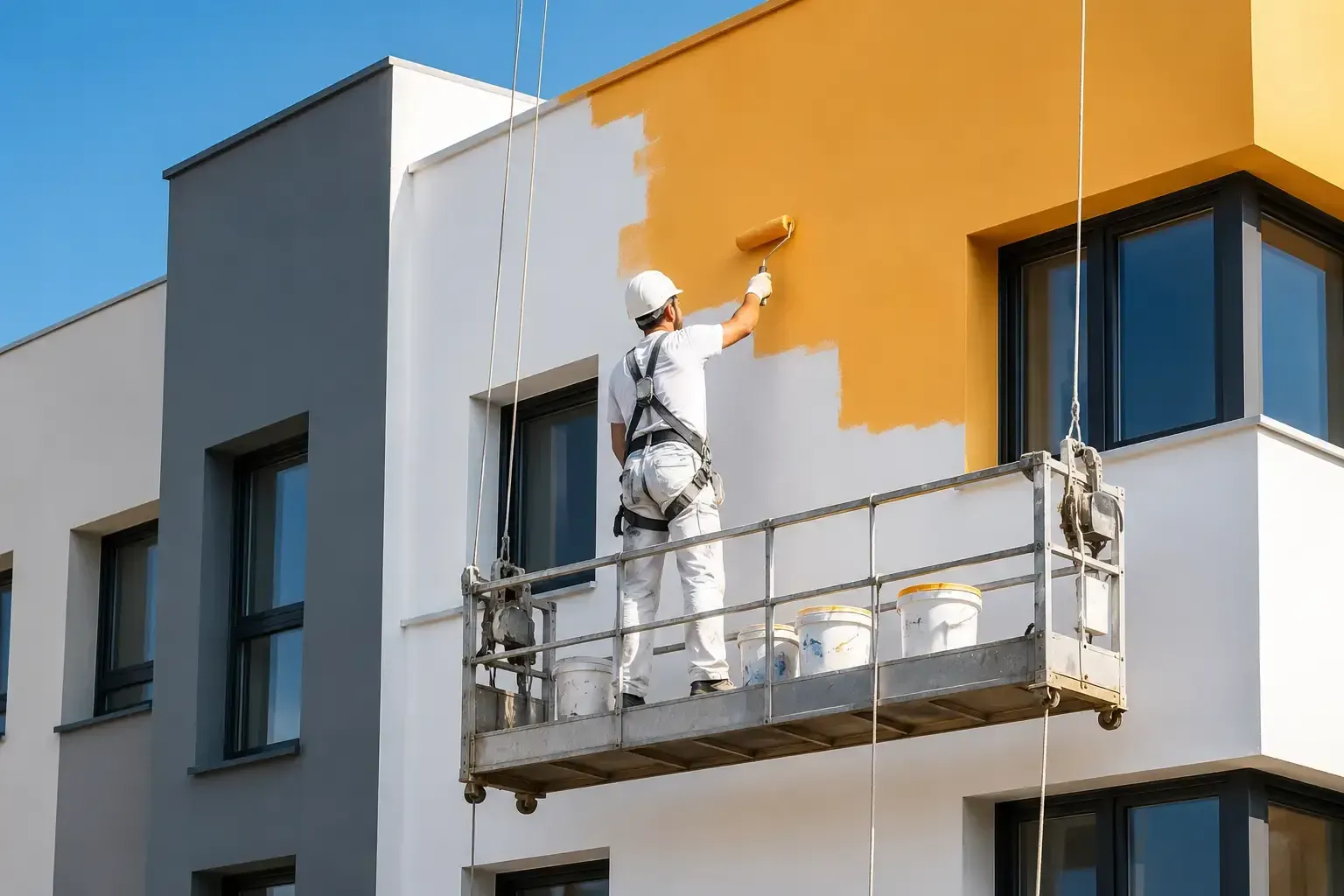 Un trabajador pinta la fachada blanca y naranja de un edificio desde una plataforma suspendida.