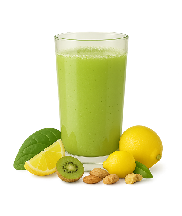 Ein Glas grünen Saft mit Zitronen, Kiwi und Mandeln