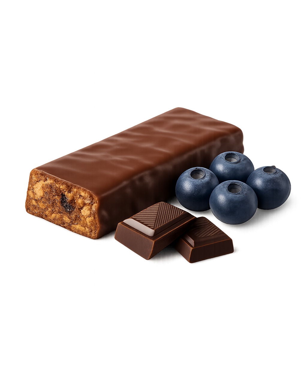 Ein Schokoriegel mit Blaubeeren daneben auf weißem Hintergrund.