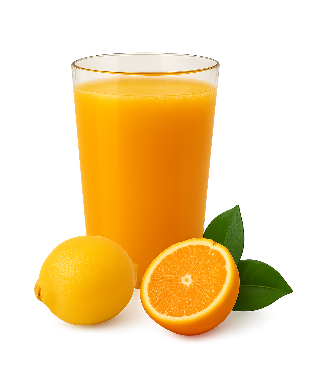 Ein Glas Orangensaft neben einer Zitrone und einer Orange.