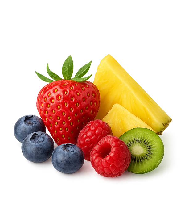 Eine Erdbeere, Heidelbeeren, Himbeeren, Ananas und Kiwi auf weißem Hintergrund