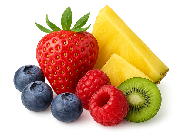 Eine Erdbeere, Heidelbeeren, Himbeeren, Ananas und Kiwi auf weißem Hintergrund