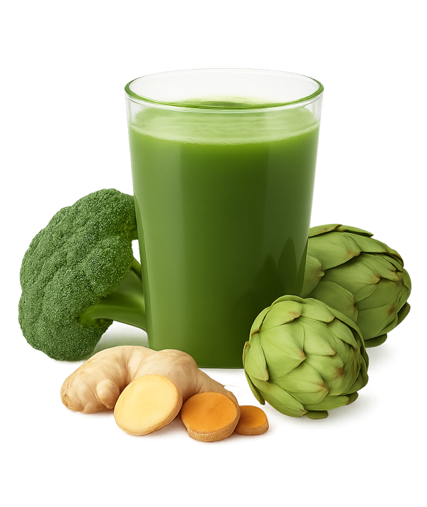Ein Glas grüner Saft, umgeben von Brokkoli, Artischocken, Ingwer und Süßkartoffeln.