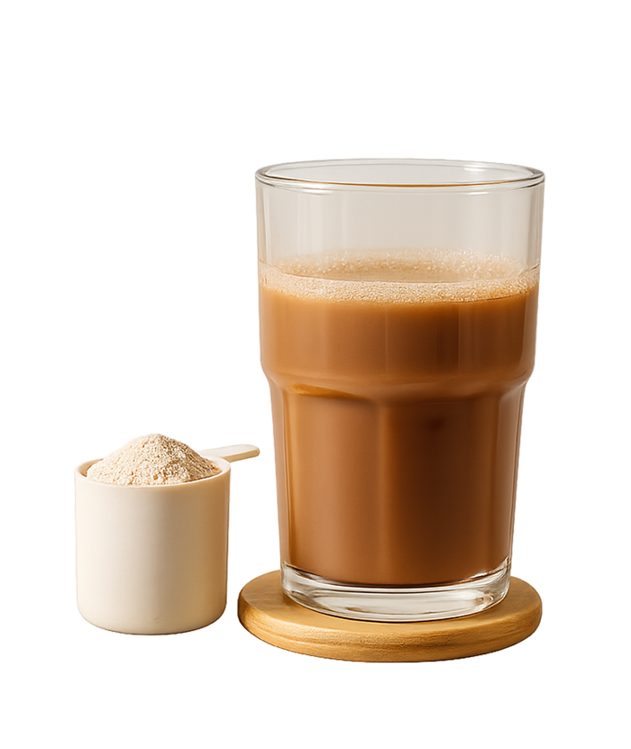 Ein Glas Kaffee neben einem Messbecher mit Kaffeepulver.