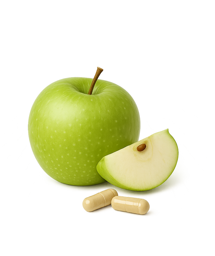 Ein grüner Apfel mit einer herausgeschnittenen Scheibe und zwei Kapseln daneben.