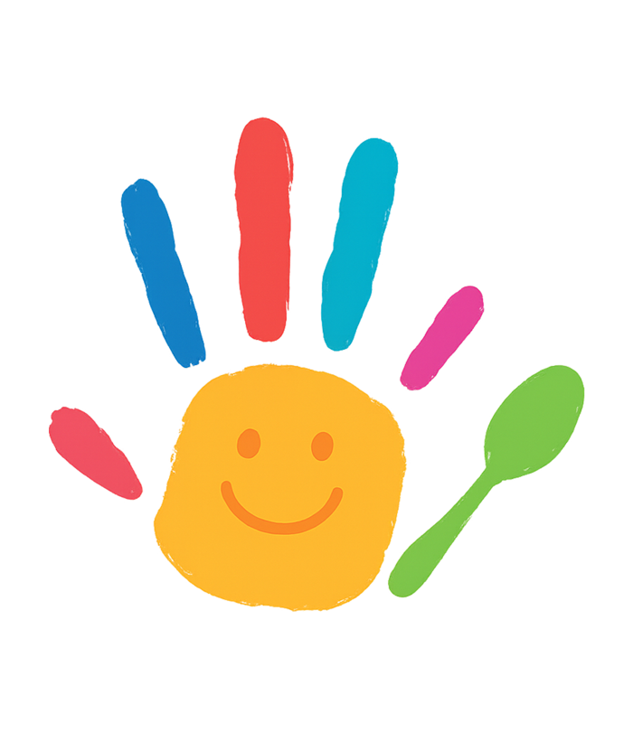 Ein bunter Handabdruck mit einem Smiley und zwei Löffeln.