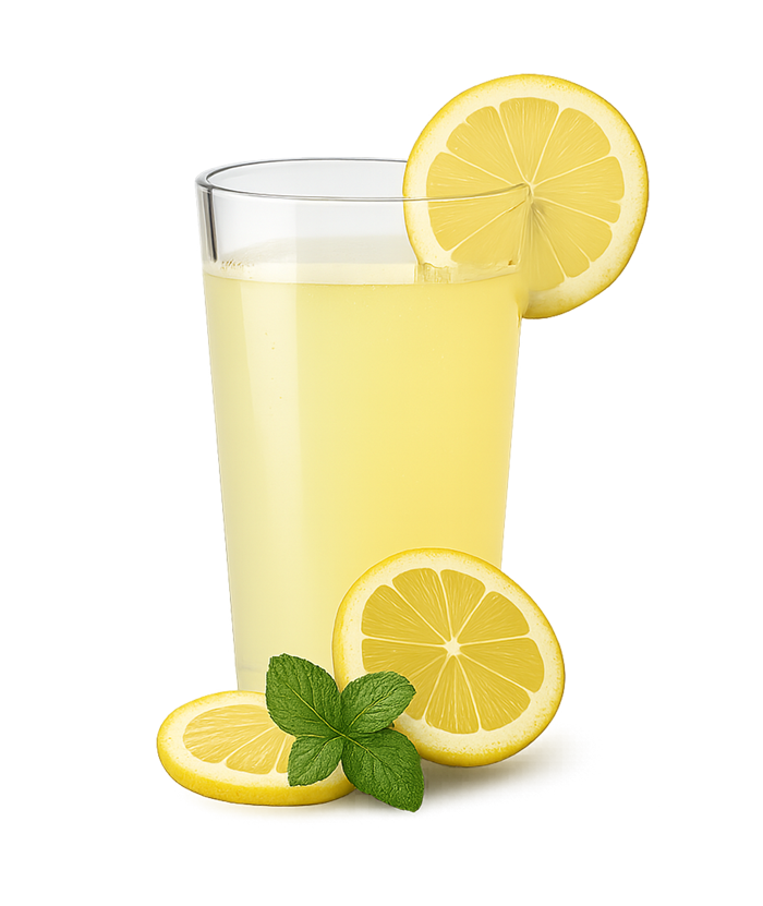 Ein Glas Limonade mit Zitronenscheiben und Minzblättern auf weißem Hintergrund.