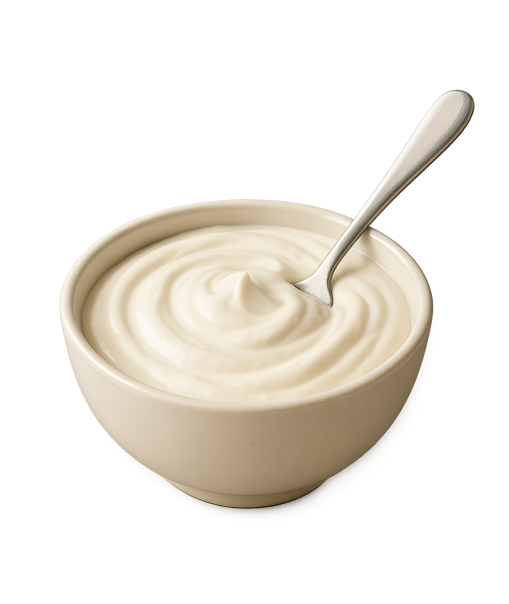 Eine Schüssel Joghurt mit einem Löffel darin.