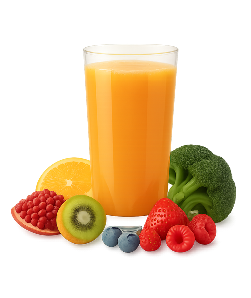 Ein Glas Orangensaft, umgeben von Obst und Gemüse