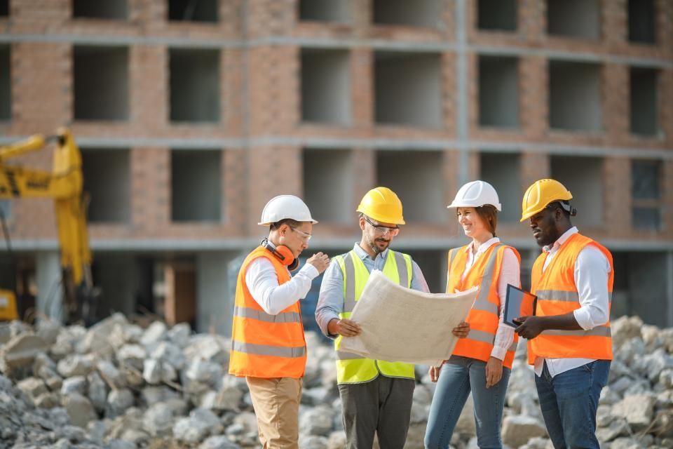 Eine Gruppe Bauarbeiter steht auf einer Baustelle und schaut sich einen Bauplan an.