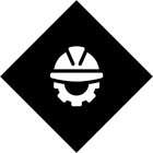 Ein schwarz-weißes Symbol eines Schutzhelms und einer entsprechenden Ausrüstung.