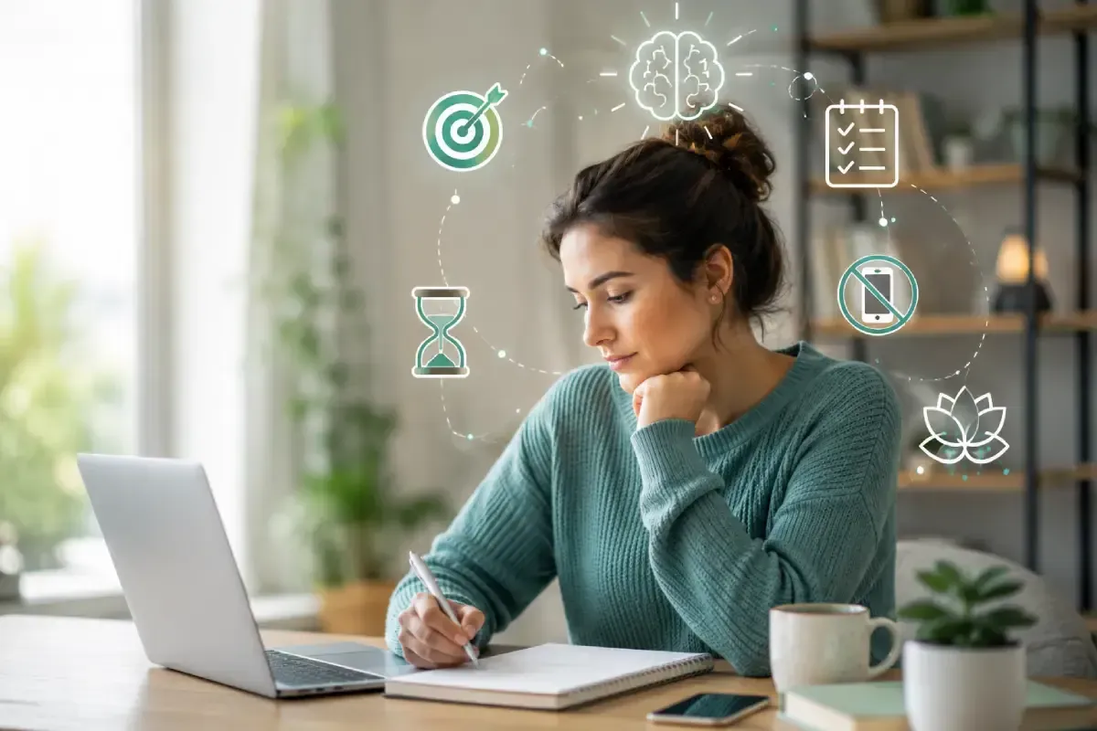 Woman writing beside a laptop at a desk, with productivity icons floating around her.