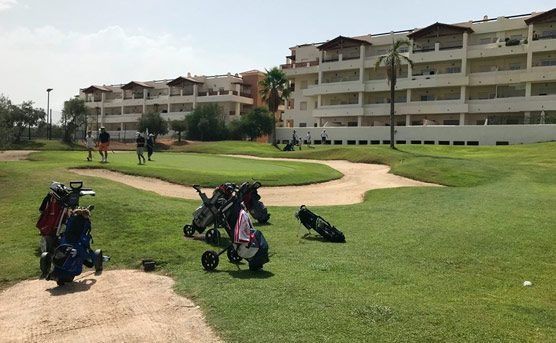 Un grupo de carros de golf están estacionados en un campo de golf frente a un edificio.