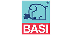 Ein blau-rotes Logo mit einem Elefanten und dem Wort „Basi“ darauf.