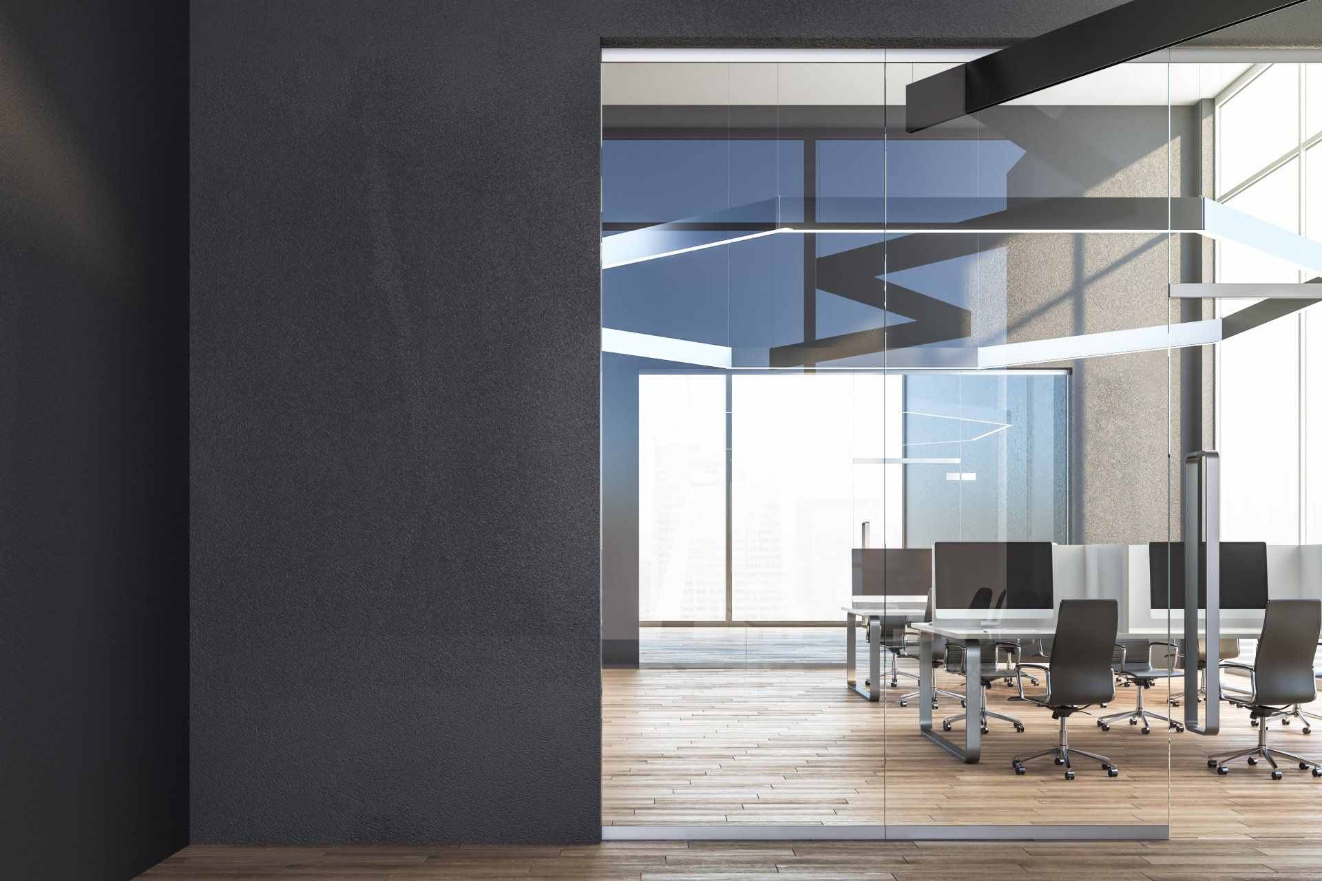 Bureau en open space avec porte vitrée