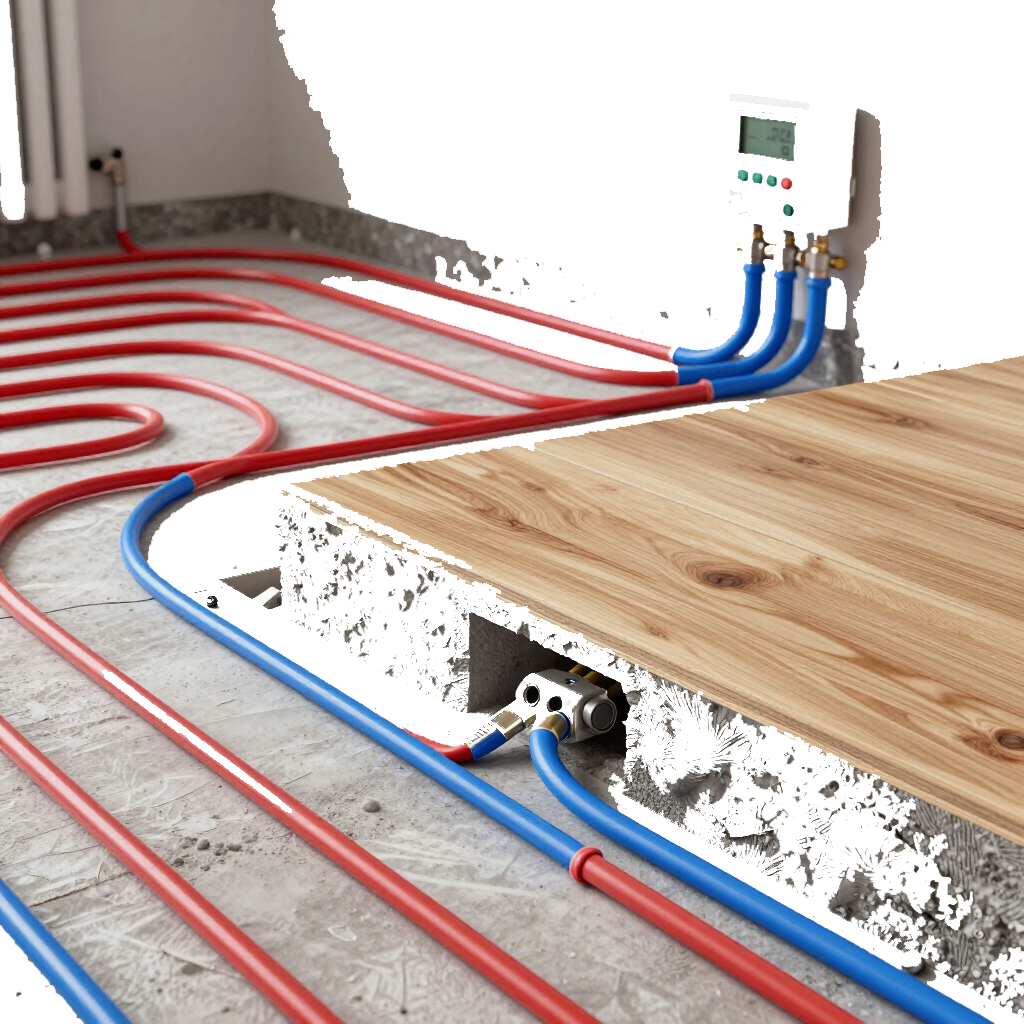 Tuberías de calefacción por suelo radiante en una habitación en construcción, con tubos rojos y azules bajo el suelo de madera.