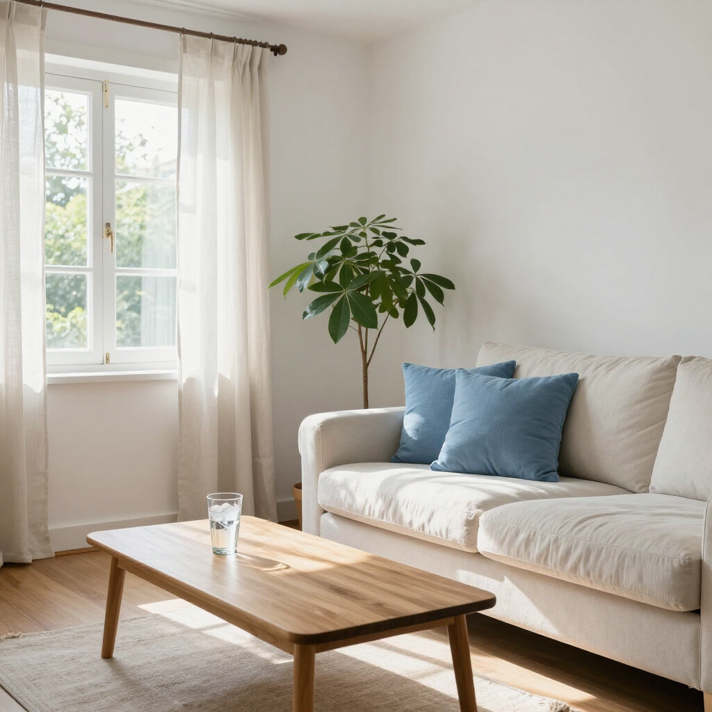 Salón luminoso con un sofá blanco, cojines azules, una mesa de centro de madera y una ventana bañada por el sol