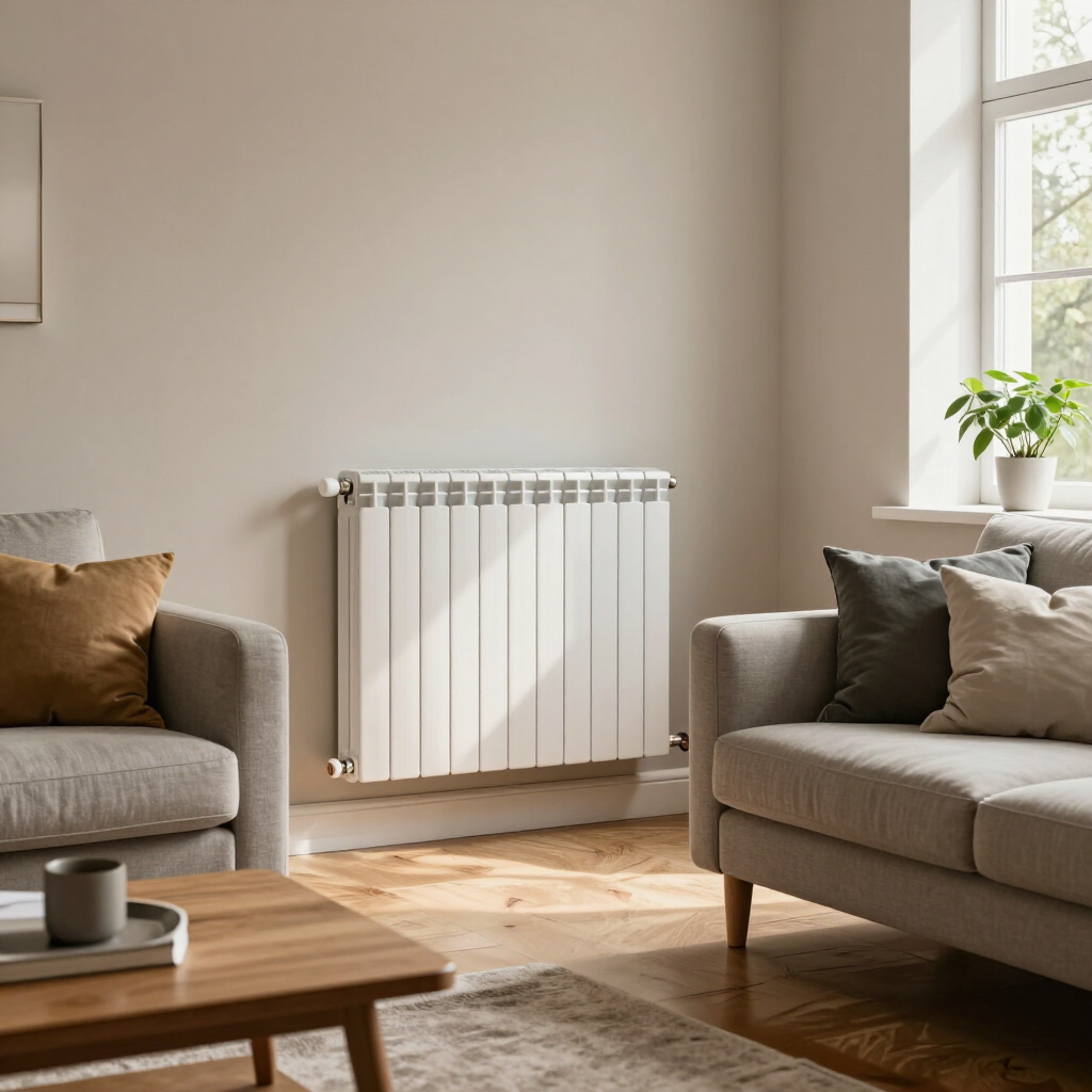 Luminoso salón con dos sofás beige, una mesa de centro de madera y un radiador blanco junto a la ventana