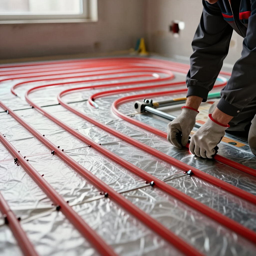 Un trabajador instalando tuberías rojas de calefacción por suelo radiante sobre paneles aislantes en el interior