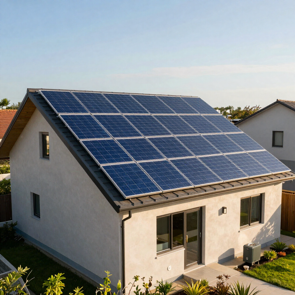 Casa moderna con un gran tejado cubierto de paneles solares azules bajo un cielo despejado