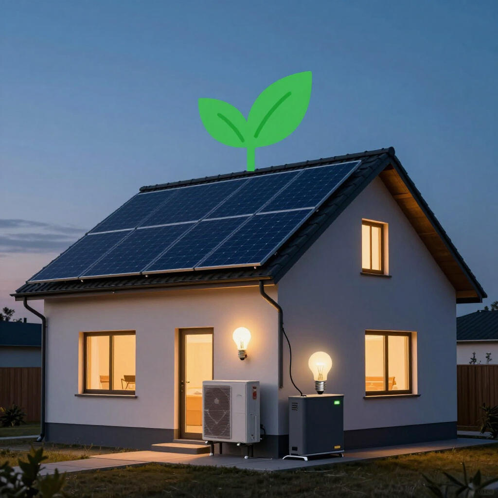 Casa con paneles solares y un icono de hoja verde al anochecer, con las ventanas y las luces exteriores encendidas.
