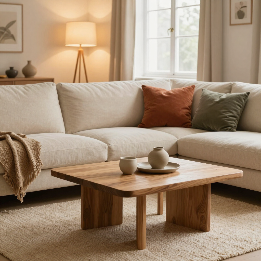 Acogedor salón beige con sofá modular, mesa de centro de madera, lámpara cálida y ventanal amplio