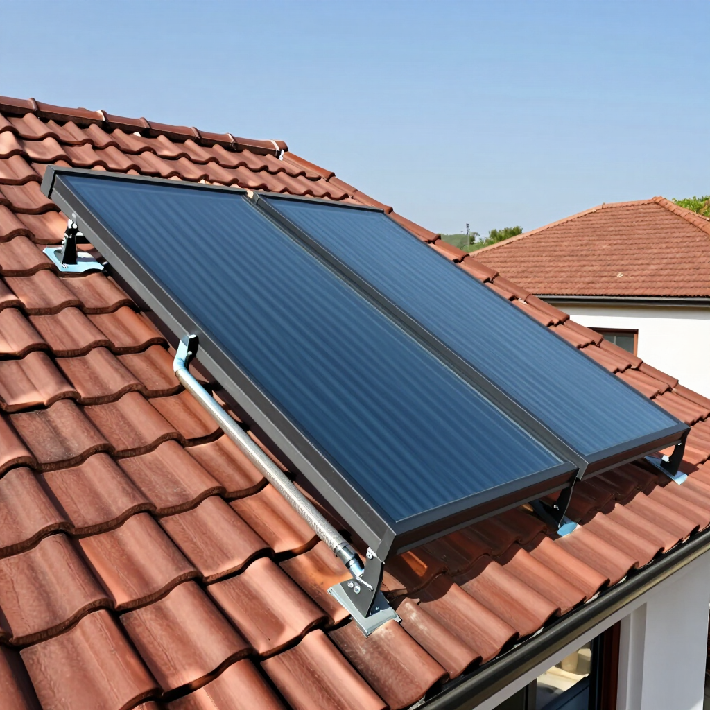 Paneles solares térmicos instalados en un tejado de tejas rojas bajo un cielo azul