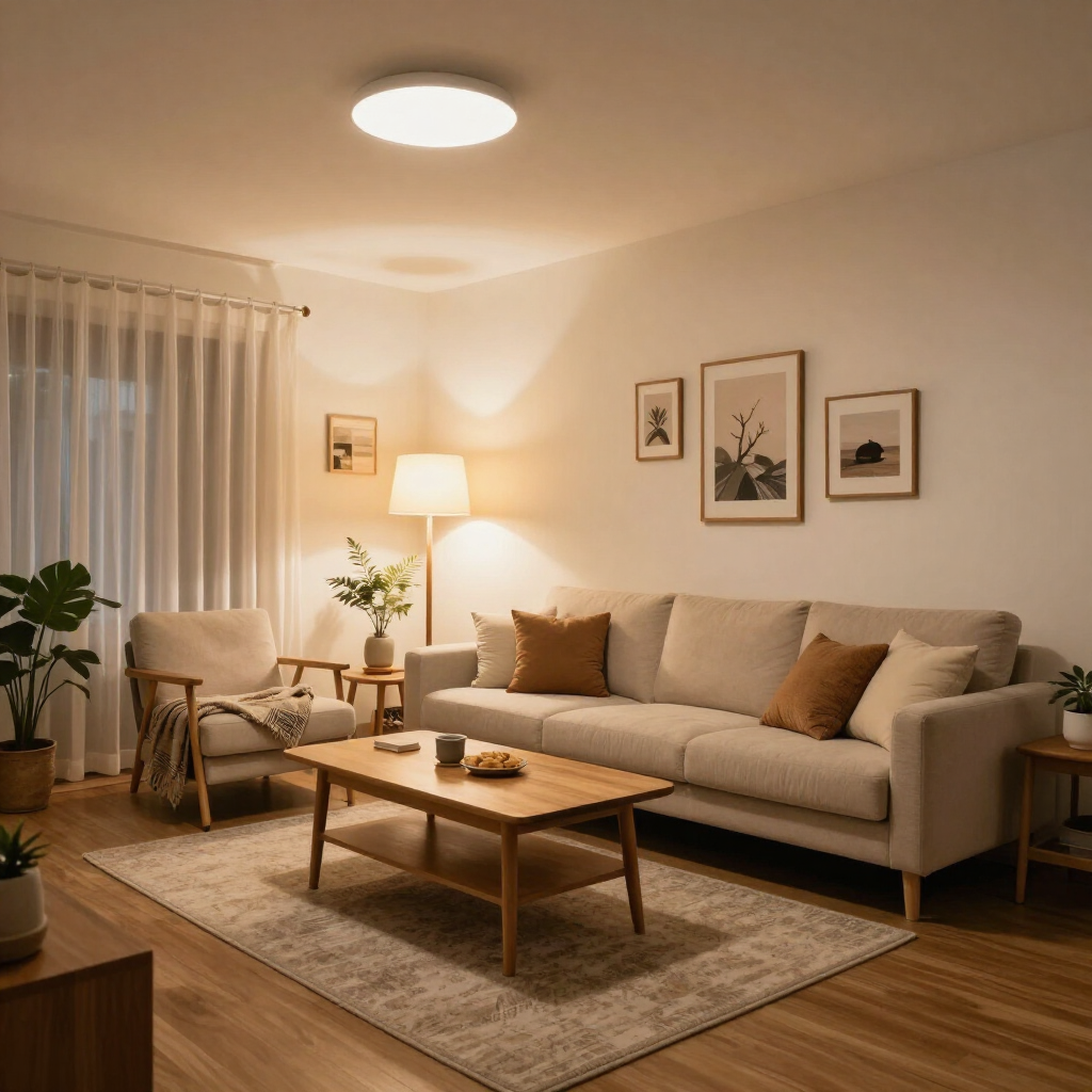 Acogedora sala de estar con sofá beige, mesa de centro, lámpara, alfombra y cuadros enmarcados en la pared, con una iluminación cálida