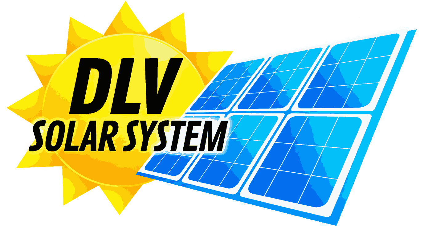 Logotipo de DLV Solar System con un sol amarillo y un panel solar azul