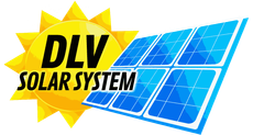 Logotipo de DLV Solar System con un sol amarillo y un panel solar azul