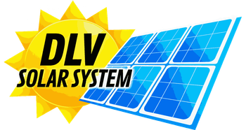 Logotipo de DLV Solar System con un sol amarillo y un panel solar azul